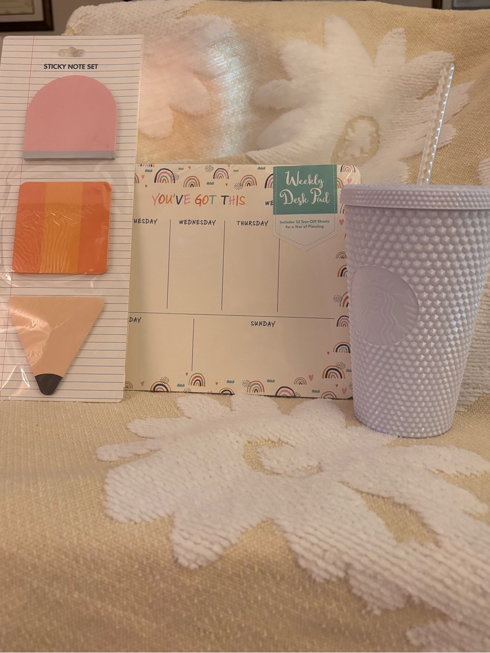 NWT Teacher Bundle- Weekly Desk Pad, Sticky Notes, & Textured Starbucks Tumbler